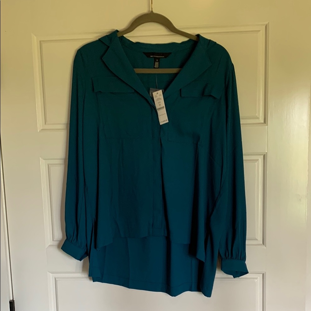 White House Black Market Green and Blue Asymmetrical Long Sleeve Blouse